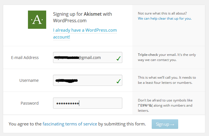 signing up for wordpress